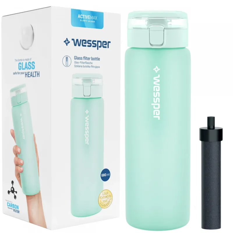 Butelka filtrująca szklana Wessper ActiveMax Clarti Glass miętowa 680 ml