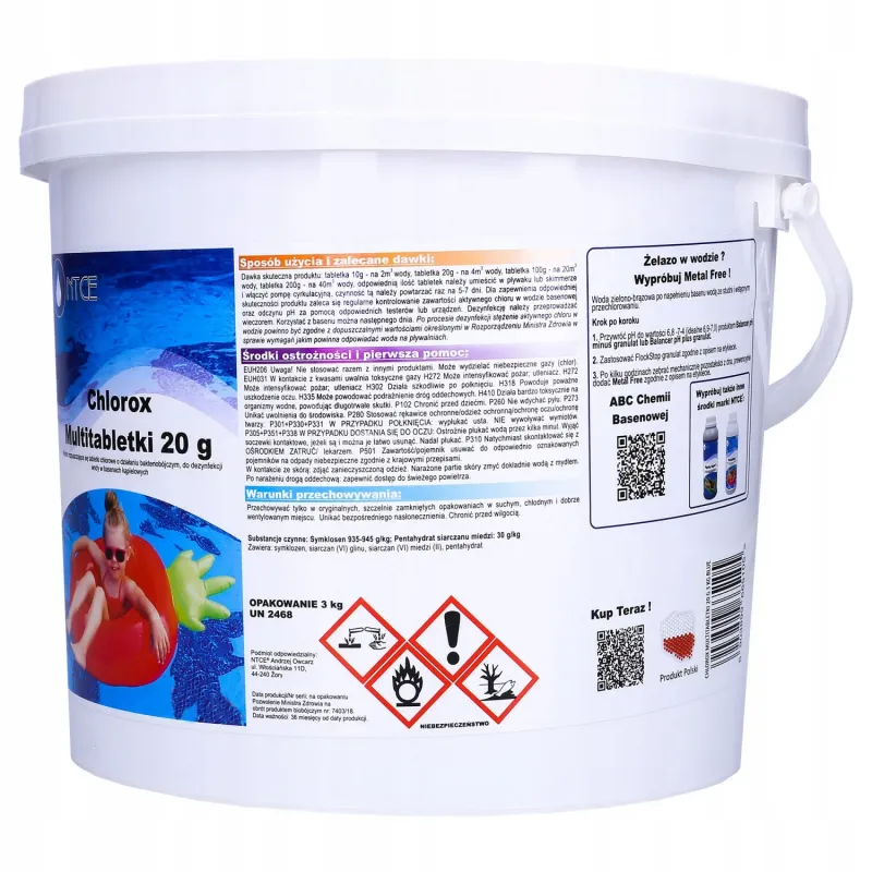 Multitabletki chlorowe, bakteriobójcze do dezynfekcji wody basenowej NTCE Chlorox 20 g - opak. 3 kg