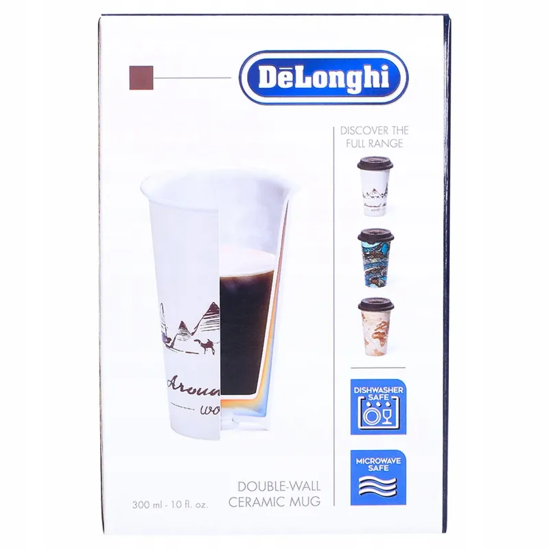 Kubek termiczny DeLonghi HandMade dla miłośników podróży, ceramiczny z silikonową pokrywką 300 ml