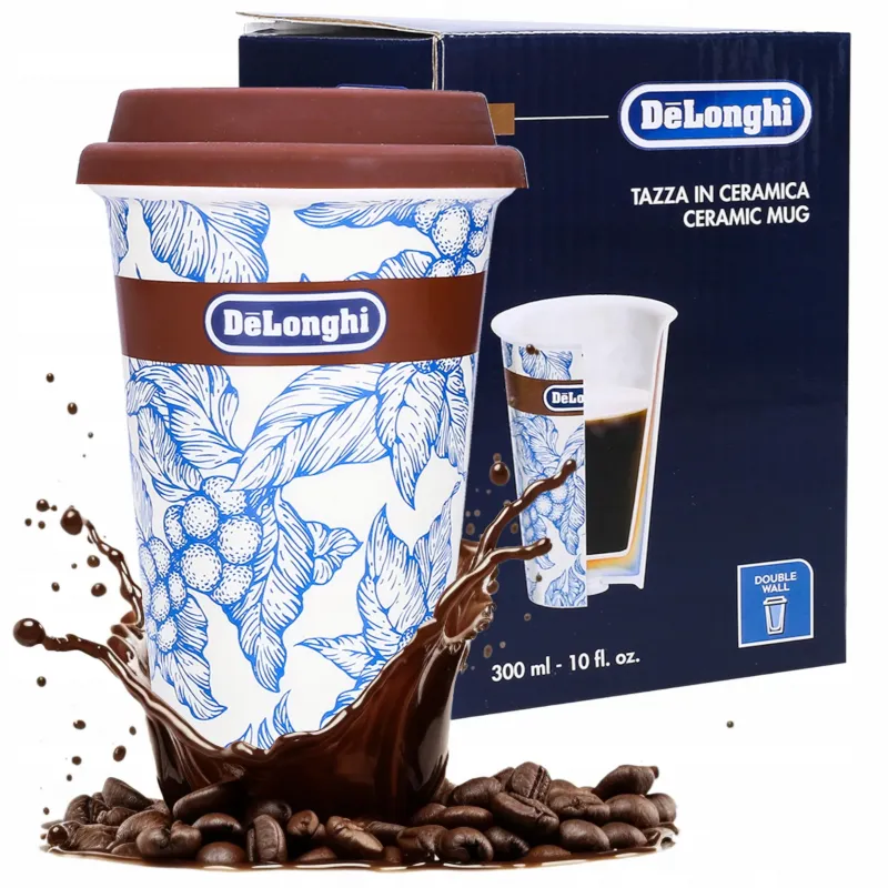 Kubek termiczny DeLonghi HandMade z niebieskim, kwiatowym wzorem, ceramiczny z silikonową pokrywką 300 ml