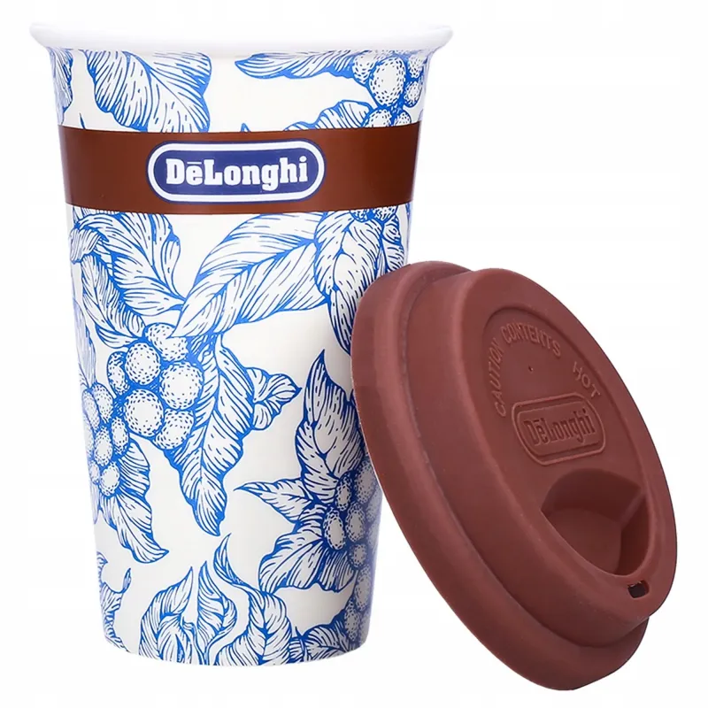 Kubek termiczny DeLonghi HandMade z niebieskim, kwiatowym wzorem, ceramiczny z silikonową pokrywką 300 ml