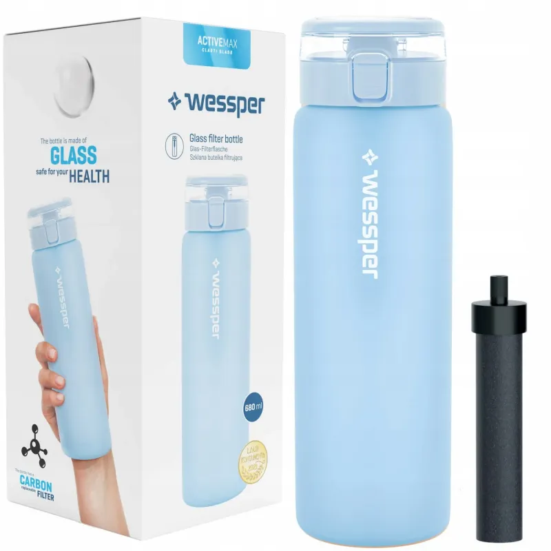 Szklana butelka filtrująca Wessper ActiveMax Clarti Glass 680 ml niebieska