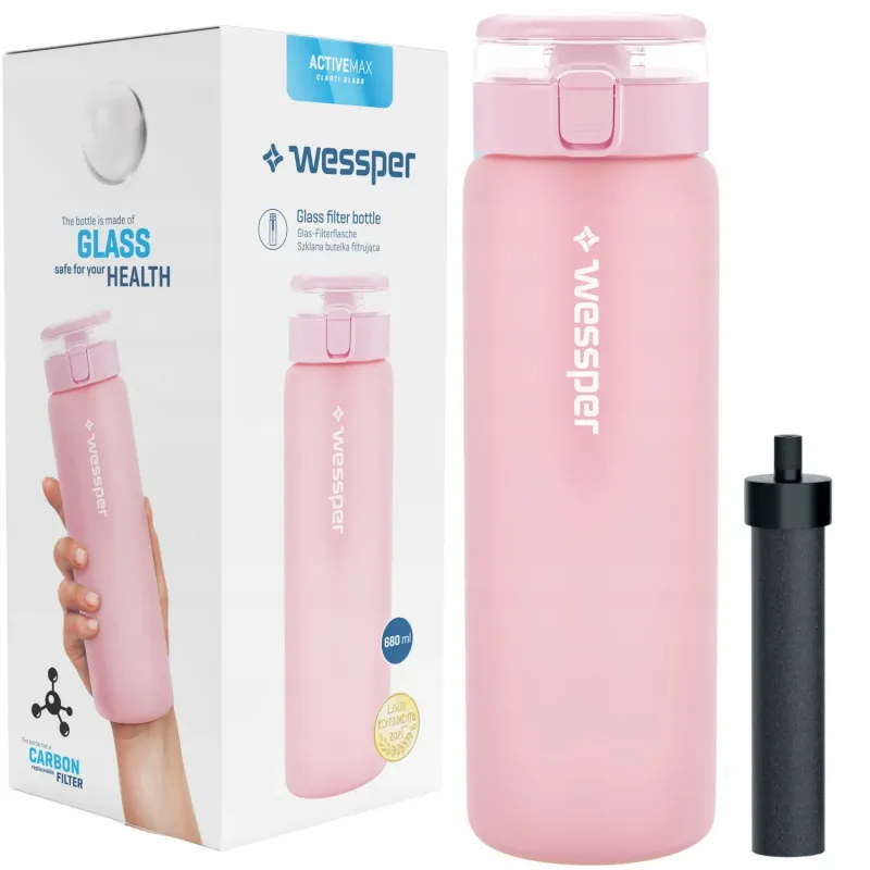 Szklana butelka filtrująca Wessper ActiveMax Clarti Glass 680 ml różowa