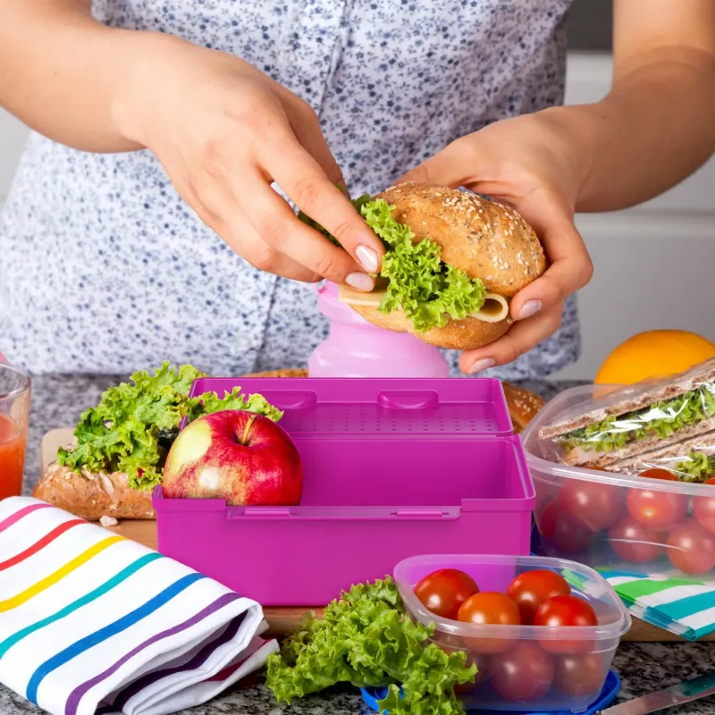 Lunch box dla dzieci Wessper Til Til różowy 1,27 l  w zestawie z klockami