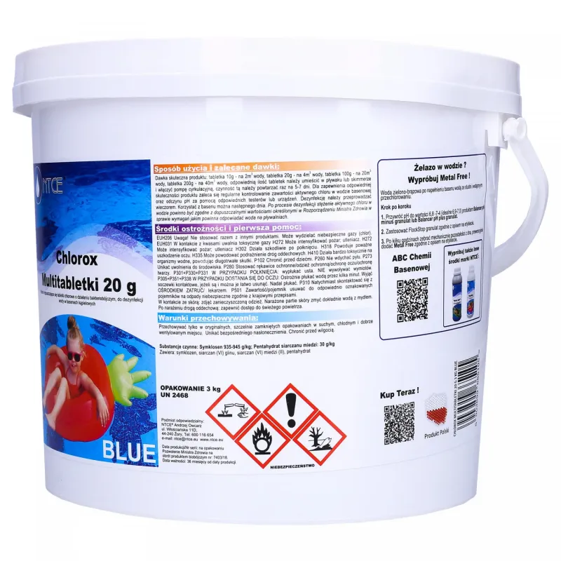 Multitabletki chlorowe z niebieskim kolorantem do dezynfekcji wody basenowej NTCE Chlorox Blue 20g - opak. 3 kg