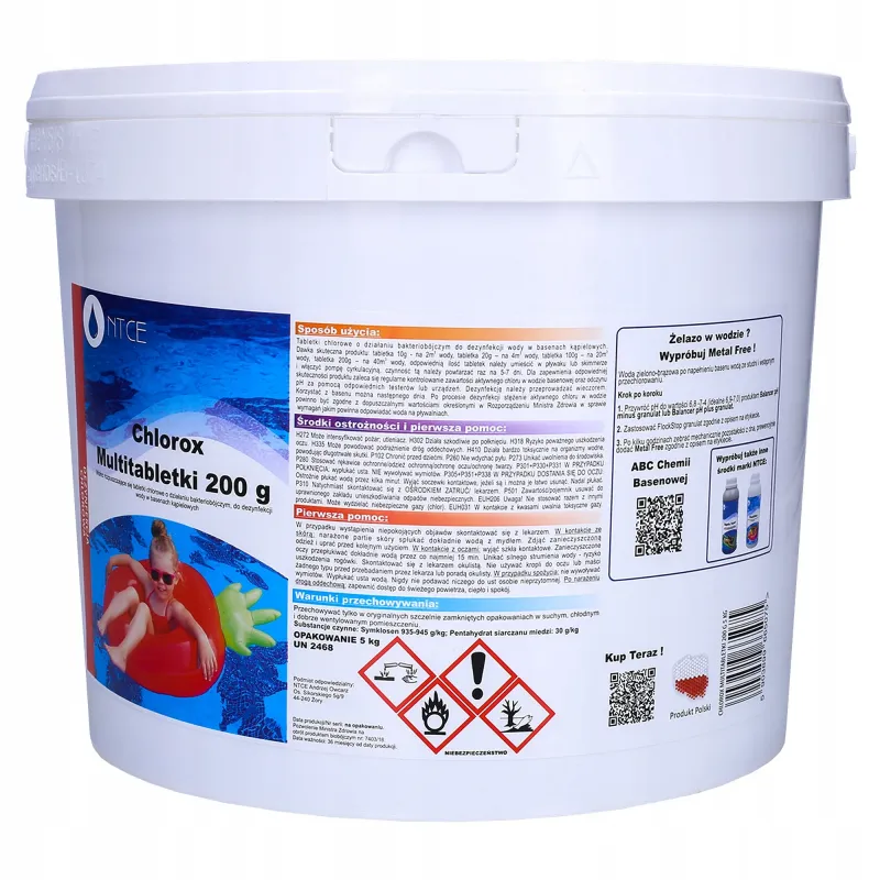 Multitabletki chlorowe, bakteriobójcze do dezynfekcji wody basenowej NTCE Chlorox 200 g - opak. 5 kg