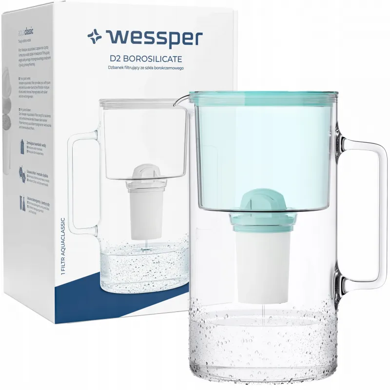 Dzbanek filtrujący szklany Wessper D2 Borosilicate Aquaclassic 3,3 l miętowy z filtrem Aquaclassic Standard