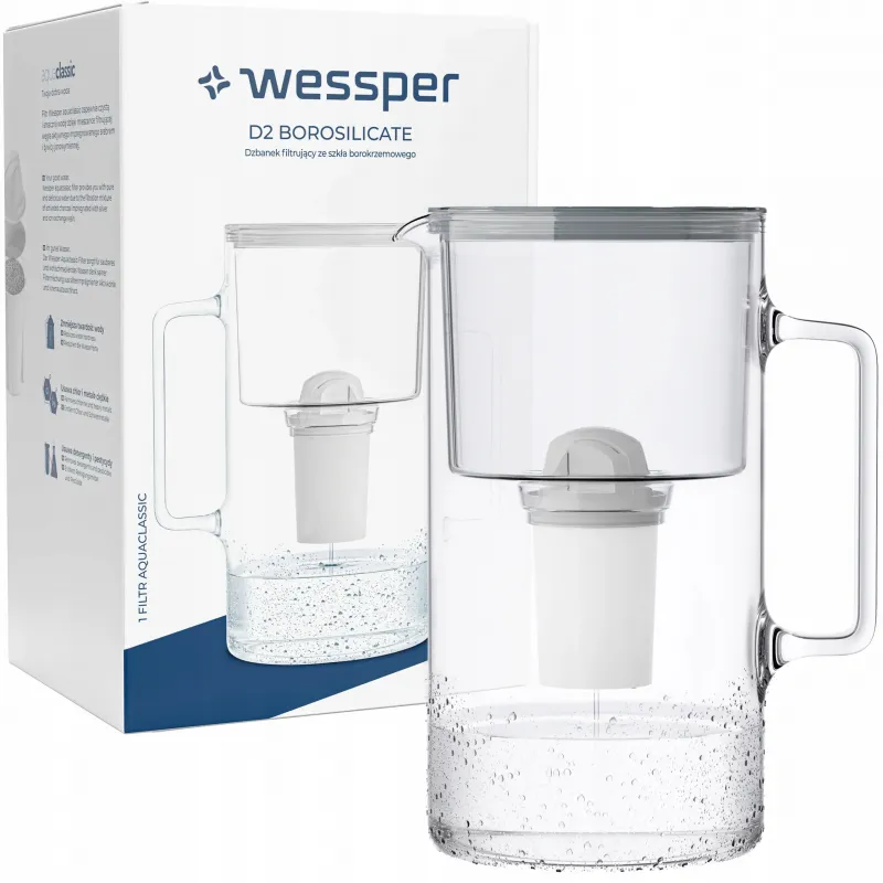 Dzbanek filtrujący szklany Wessper D2 Borosilicate Aquaclassic 3,3 l szary z filtrem Aquaclassic Standard