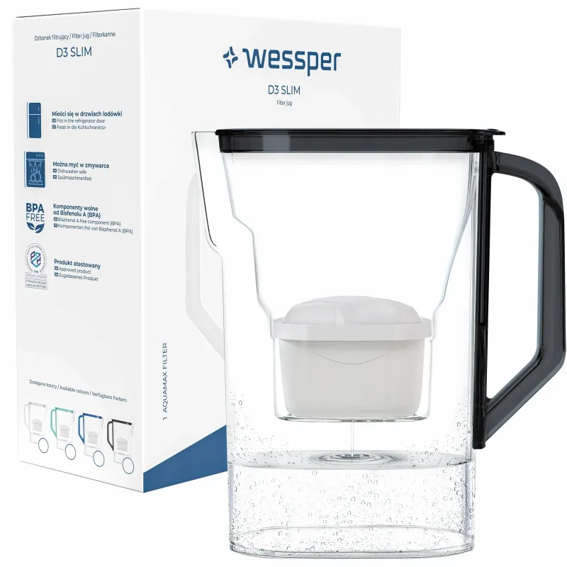 Dzbanek filtrujący Wessper D3 Slim Aquamax 2,7 l czarny z filtrem Aquamax Standard