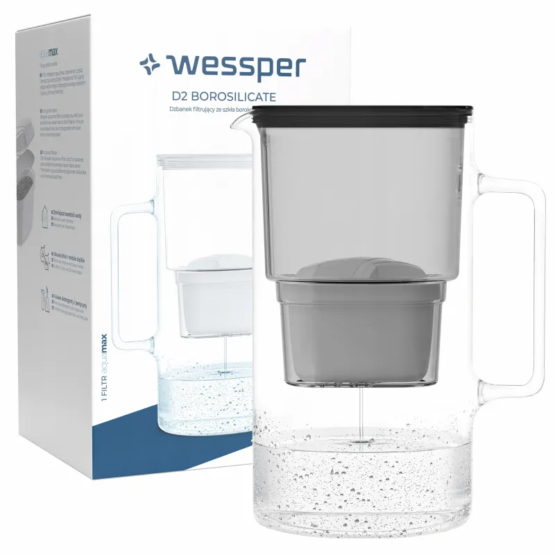 Dzbanek filtrujący szklany Wessper D2 Borosilicate 3,3 l czarny z filtrem AquaMax Standard