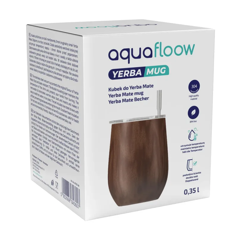 Kubek termiczny Aquafloow drewno do Yerba Mate 355 ml w zestawie z dwiema słomkami i czyścikiem