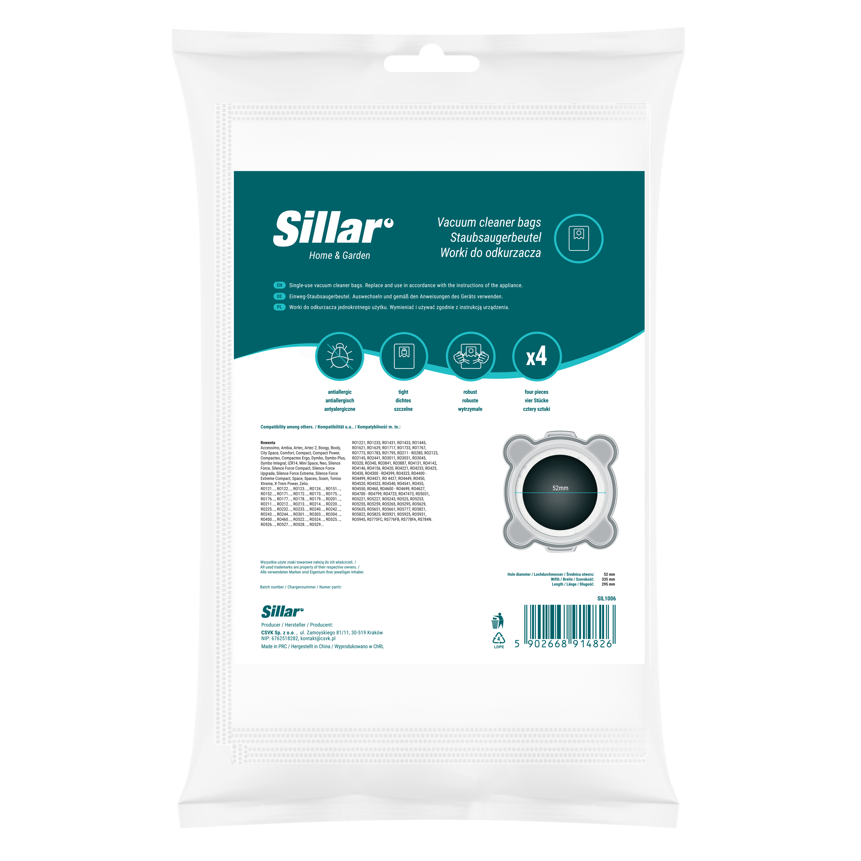 Syntetyczne, antyalergiczne worki Sillar do odkurzacza kompatybilne z Rowenta 4 szt.