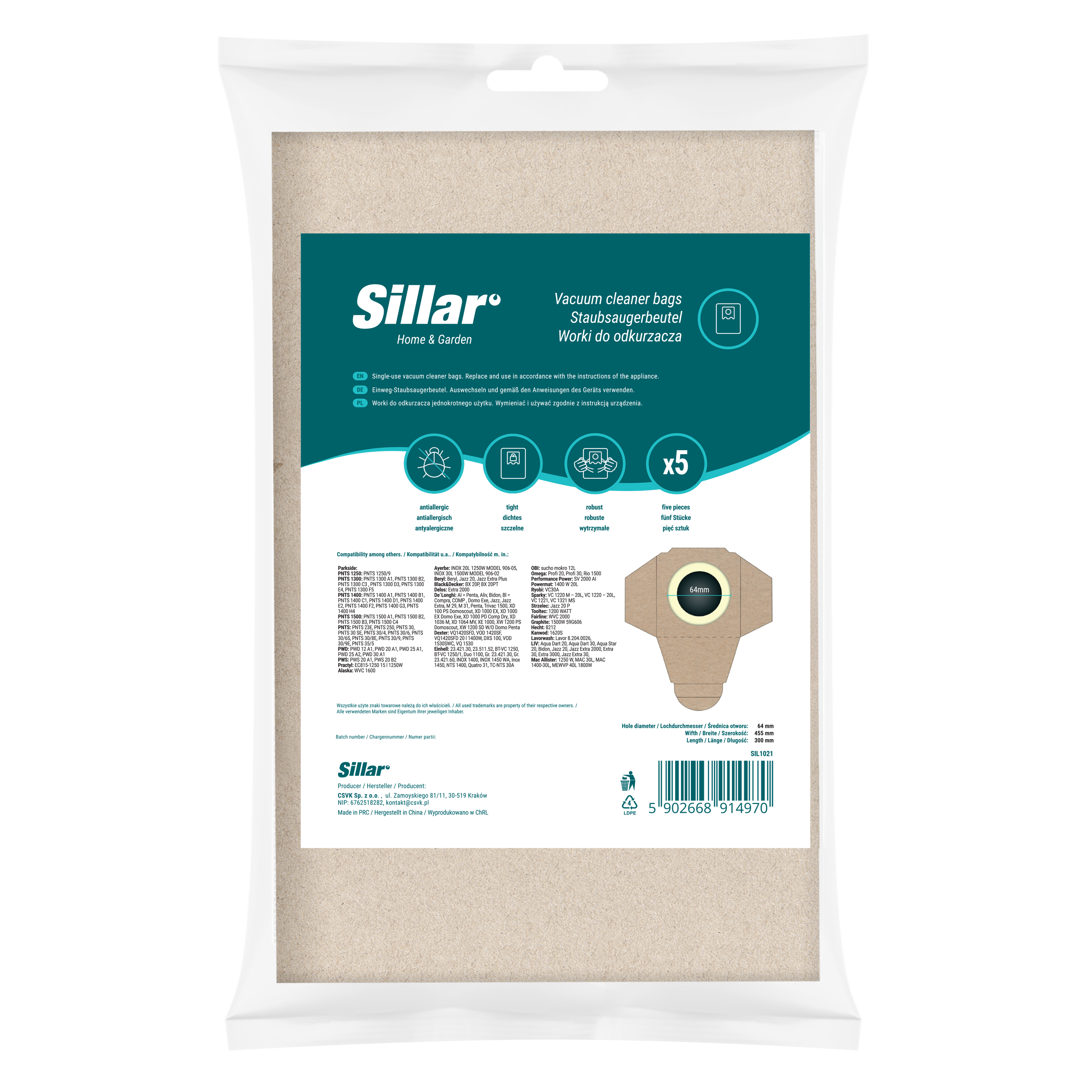 Biodegradowalne worki do odkurzacza Parkside, Beryl, DeLonghi