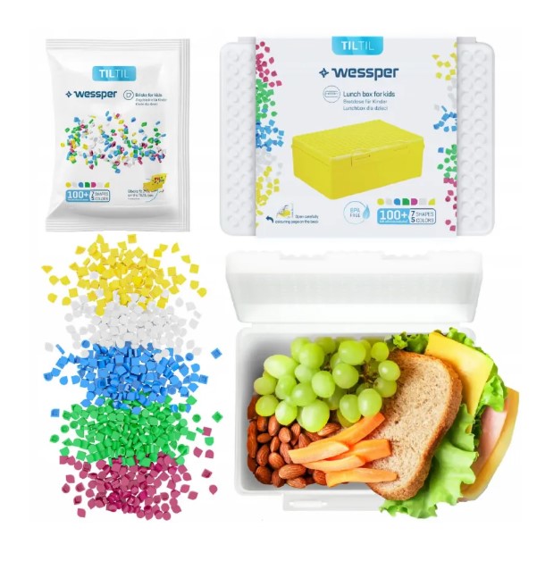 Lunch box dla dzieci Wessper Til Til biały 1,27 l w zestawie z klockami