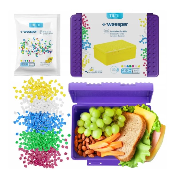 Lunch box dla dzieci Wessper Til Til fioletowy 1,27 l w zestawie z klockami
