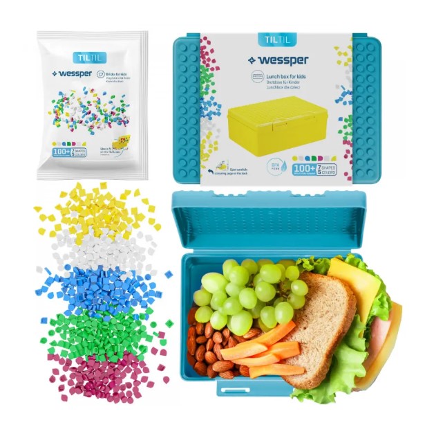 Lunch box dla dzieci Wessper Til Til turkusowy 1,27 l w zestawie z klockami