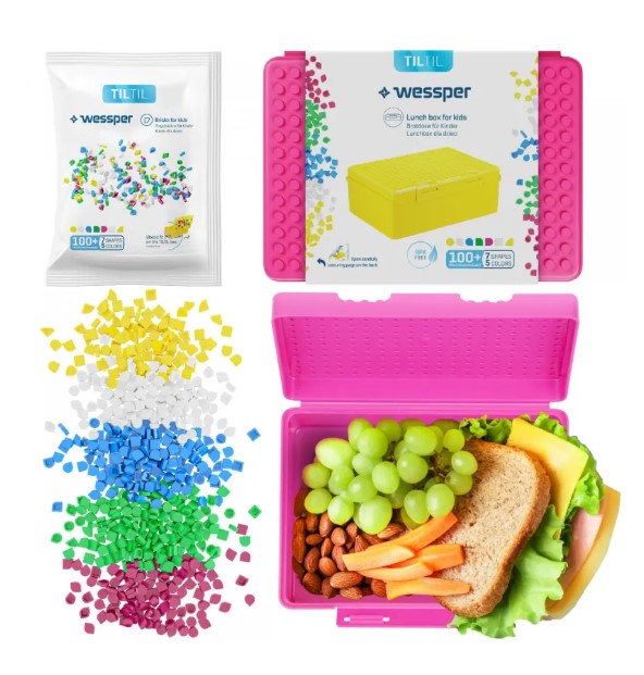 Lunchbox dla dzieci Wessper Til Til różowy 1,27 l w zestawie z klockami