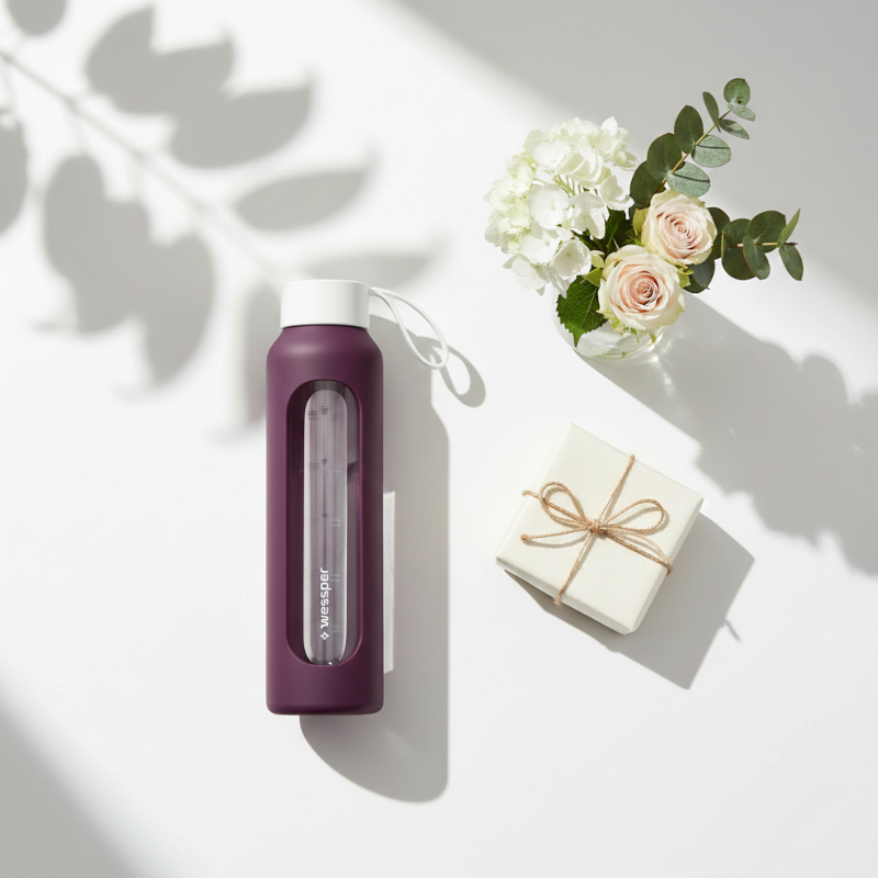 Szklana butelka na wodę 0,5 l Wessper B1 Borosilicate w zestawie z etui silikonowym Ruby – szczelna, bez BPA, z miarką